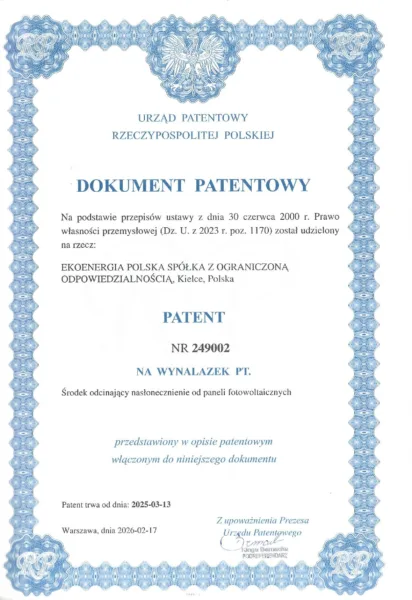 dokument patentowy | fotowoltaika dla firm
